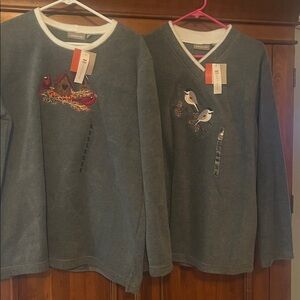 Gray Long-Sleeve Bird Embroidered pullover.